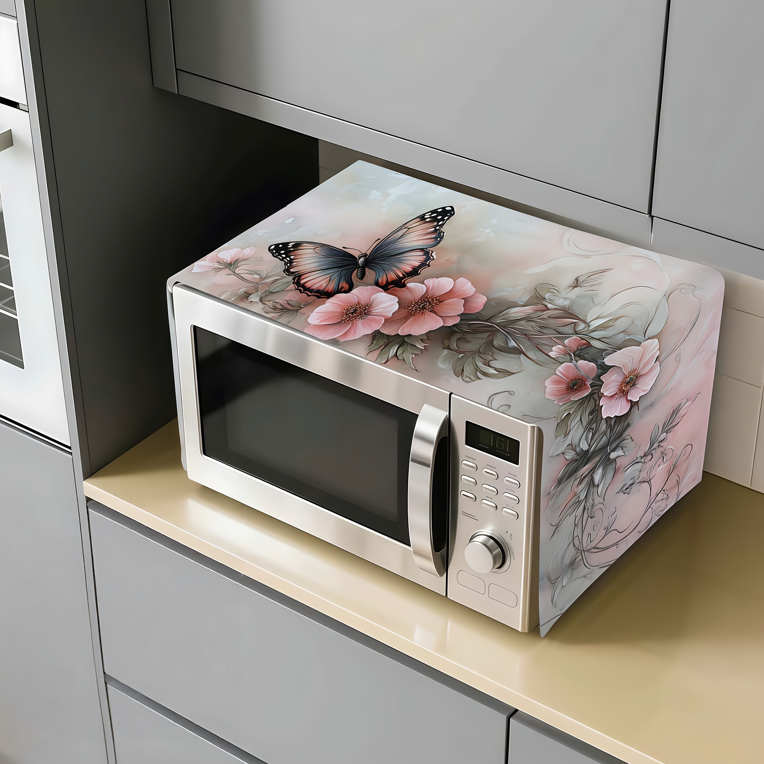 E-shop 2D Flache Dekoration - Eine multifunktionale Mikrowellen-Staubschutzhülle mit Schmetterlings- und Blumendesign, geeignet für moderne Küchen.