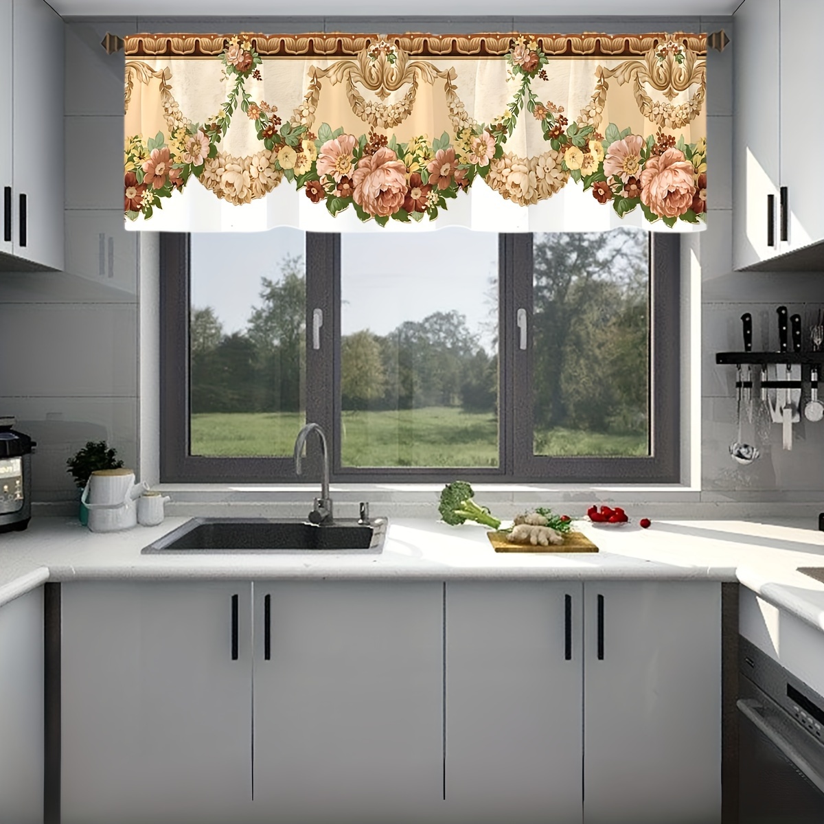 

Elegant French Floral Pattern Kitchen Curtain - 1 Piece, Modern Style, Durable, Suitable For Kitchen, Bedroom, Office, And Living Room - Semi-transparent For Privacy And Decoration