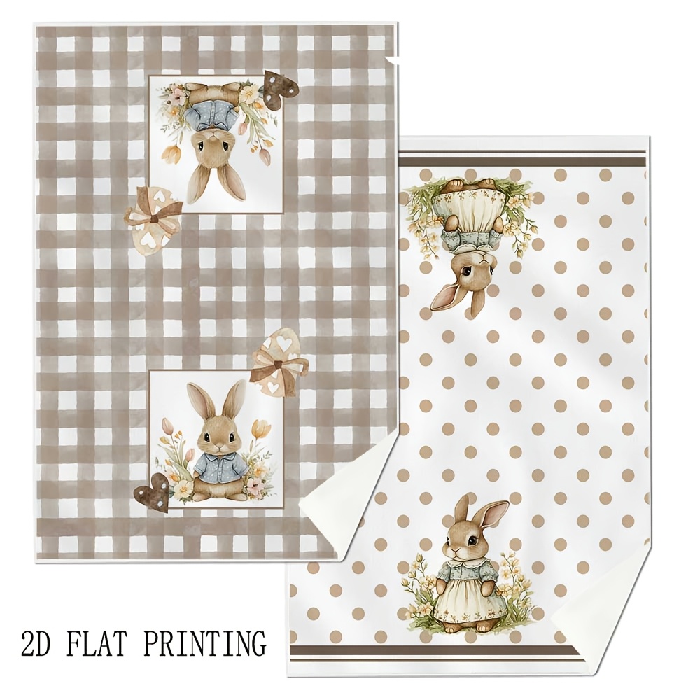 TEMU 2pcs Farmhouse Bunny Plaid & Polka Dot Dish Towels - Easter Bunny Suitable For Cooking, Baking, Kitchen & Bathroom, Cloth Towel Set With Bunny