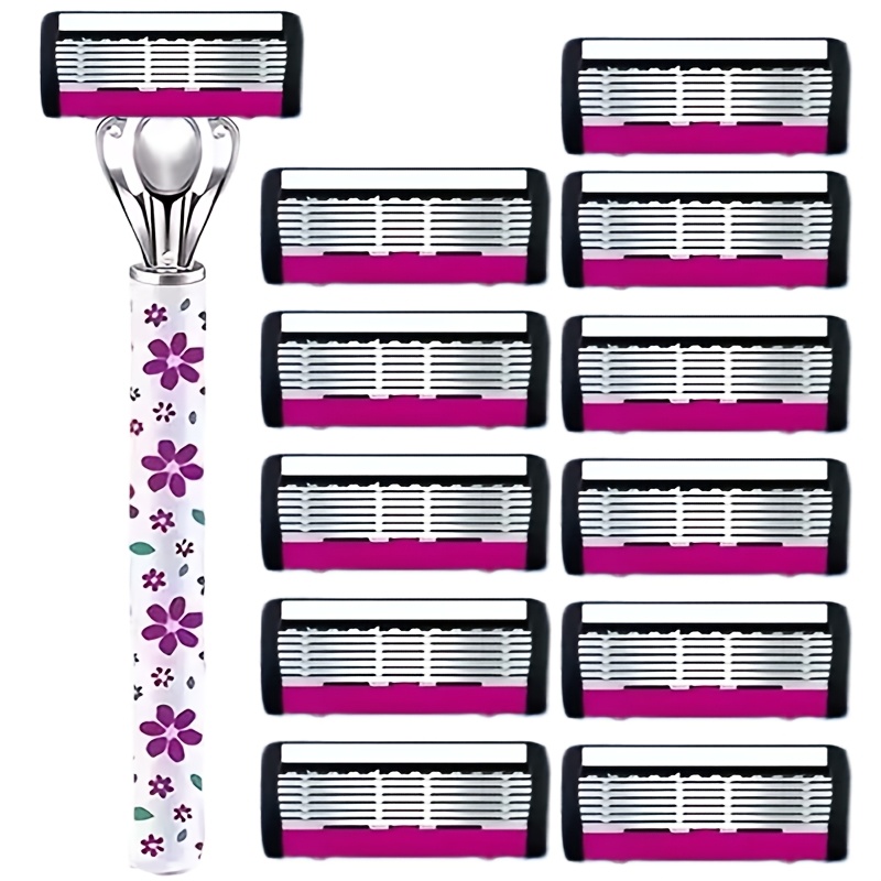 TEMU Ladies' Manual Razor With 6-layer Stainless Steel , 2 Handles + 12 Set, Non-slip Handle, Body Shaver