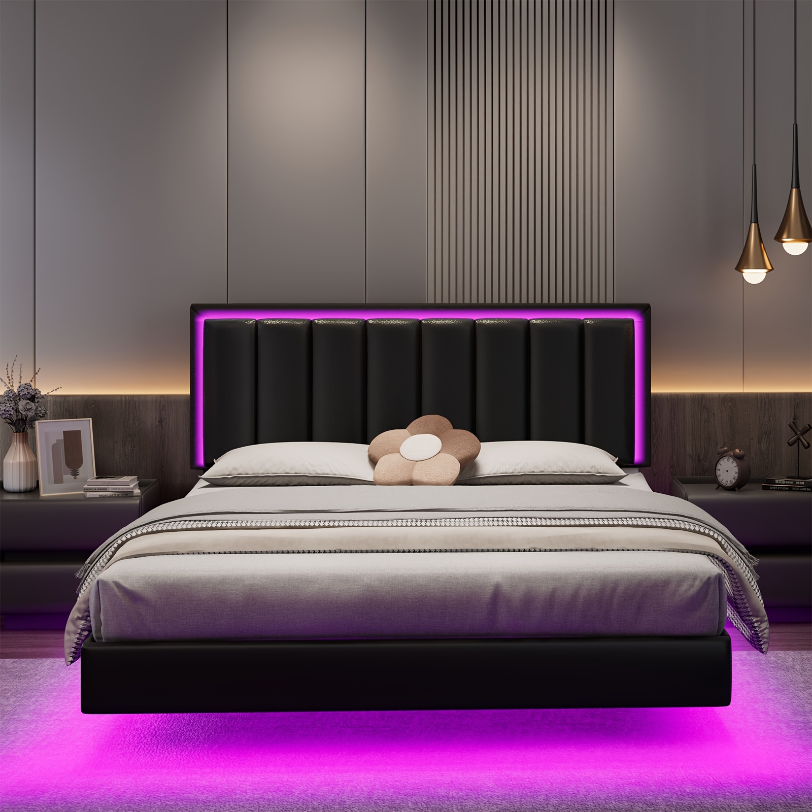 TEMU Full Queen Size Floating Bed Frame With Led Lights, Upholstered Full Queen Bed Frame And Headboard, Solid Wood Slats Support, Bed Frame Queen,