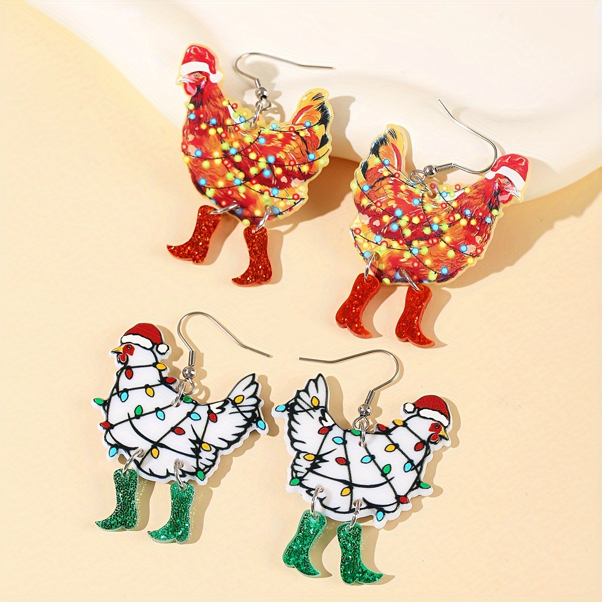 

Christmas Chicken Acrylic Earrings With Ribbons - Cute Zinc Alloy Dangle Jewelry For Women, Holiday & Casual Attire