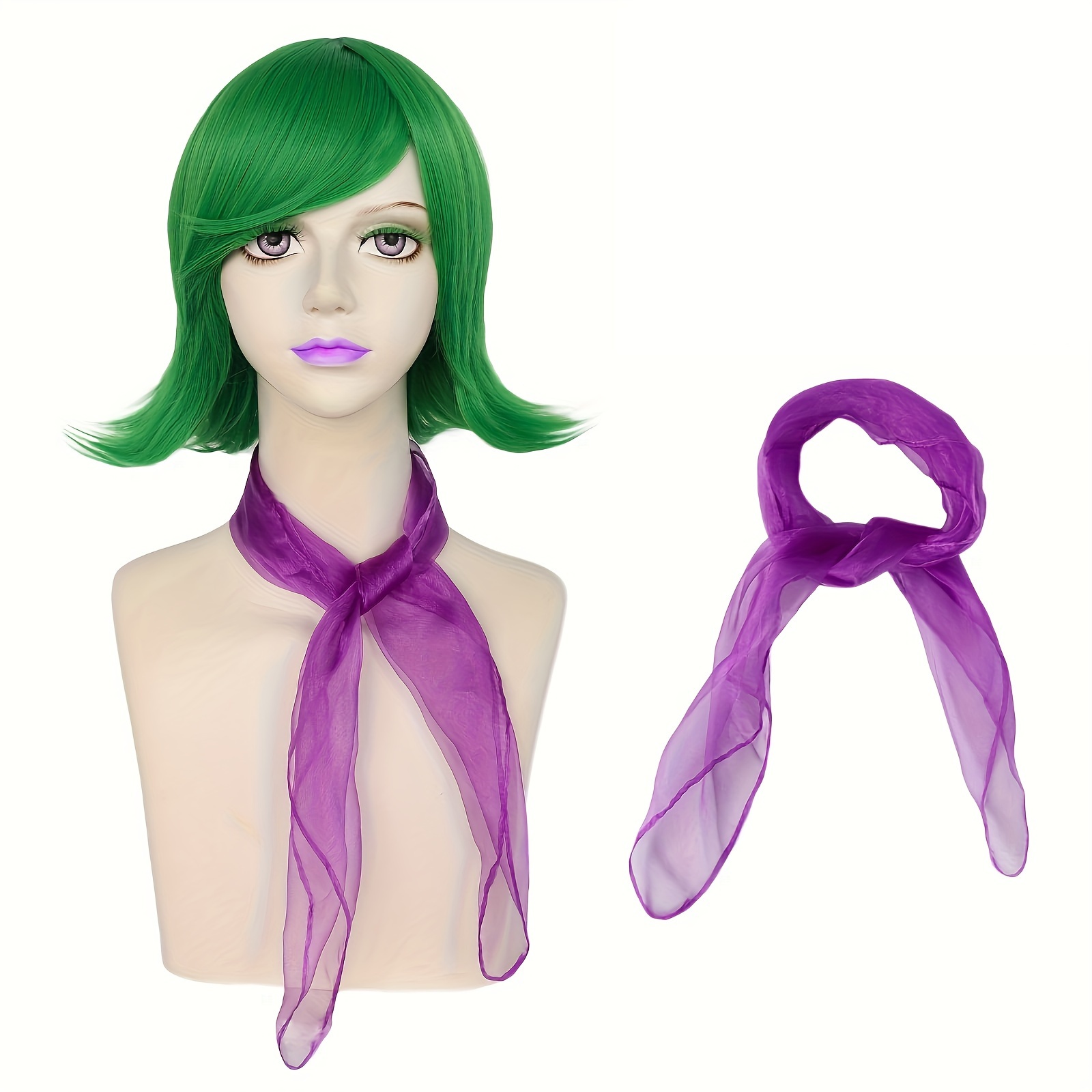 

Synthetic Anime Cosplay Wig: Green Flip Wig With Bangs For Women - , Parties, And Festive Occasions - Includes Purple Scarf - Suitable For All Hair Types - Cap