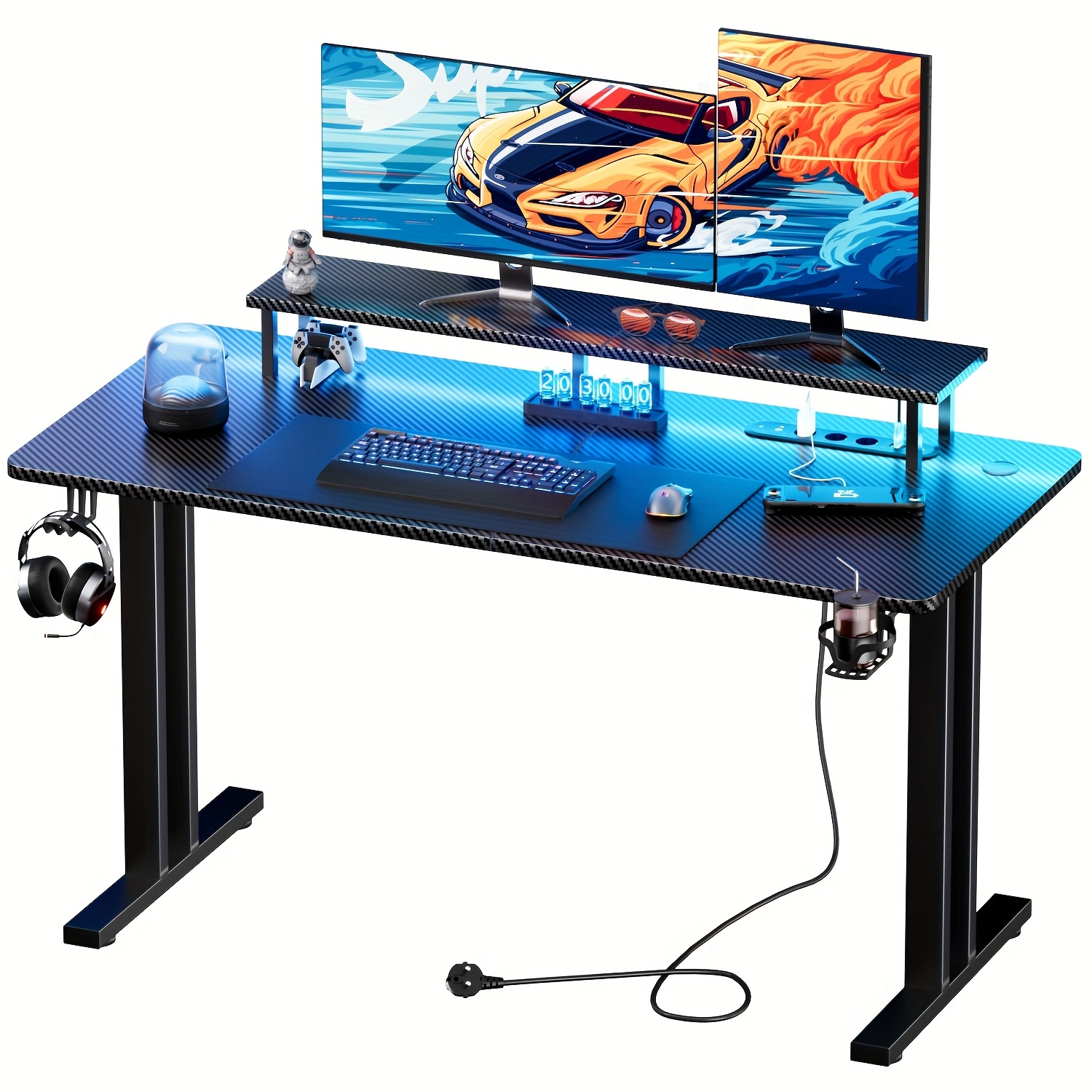 Gaming Desk With Led Lights & Power Outlets, Carbon Fiber Surface Gaming Desk With Headphone Hook & Mouse Pad, Computer Table With Monitor Shelf, Home Office Game Tables For Adults
