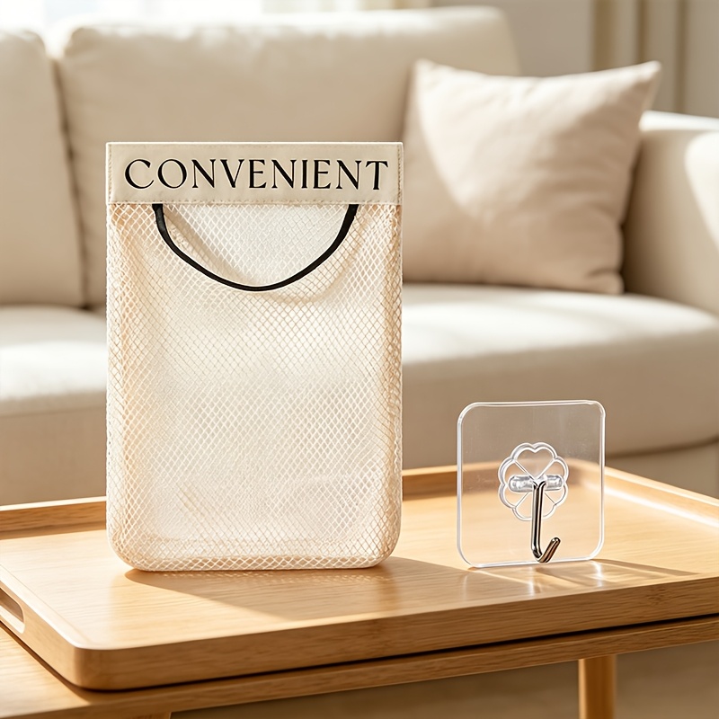 TEMU 2pcs Practical Wall-mounted Mesh Storage Set | 1pc Mesh Storage Bag And 1pc Adhesive Hooks, No-drill Installation, Expandable Capacity,