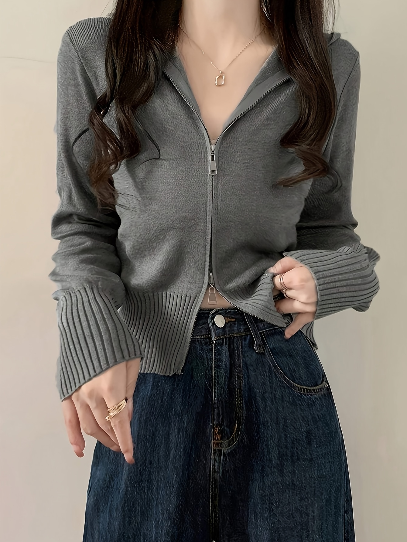 Women'S *al Black Zip-Up Cardigan with Front Pockets Long Sleeve Acrylic  Knit Outerwear Fall and Winter, Zipper Detail, 89g/m²