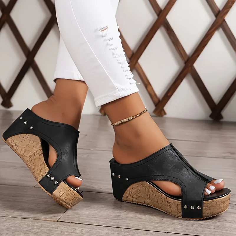 womens retro thick soled sandals open toe side hollowed out heel casual shoes comfortable wedge heeled shoes for summer details 3