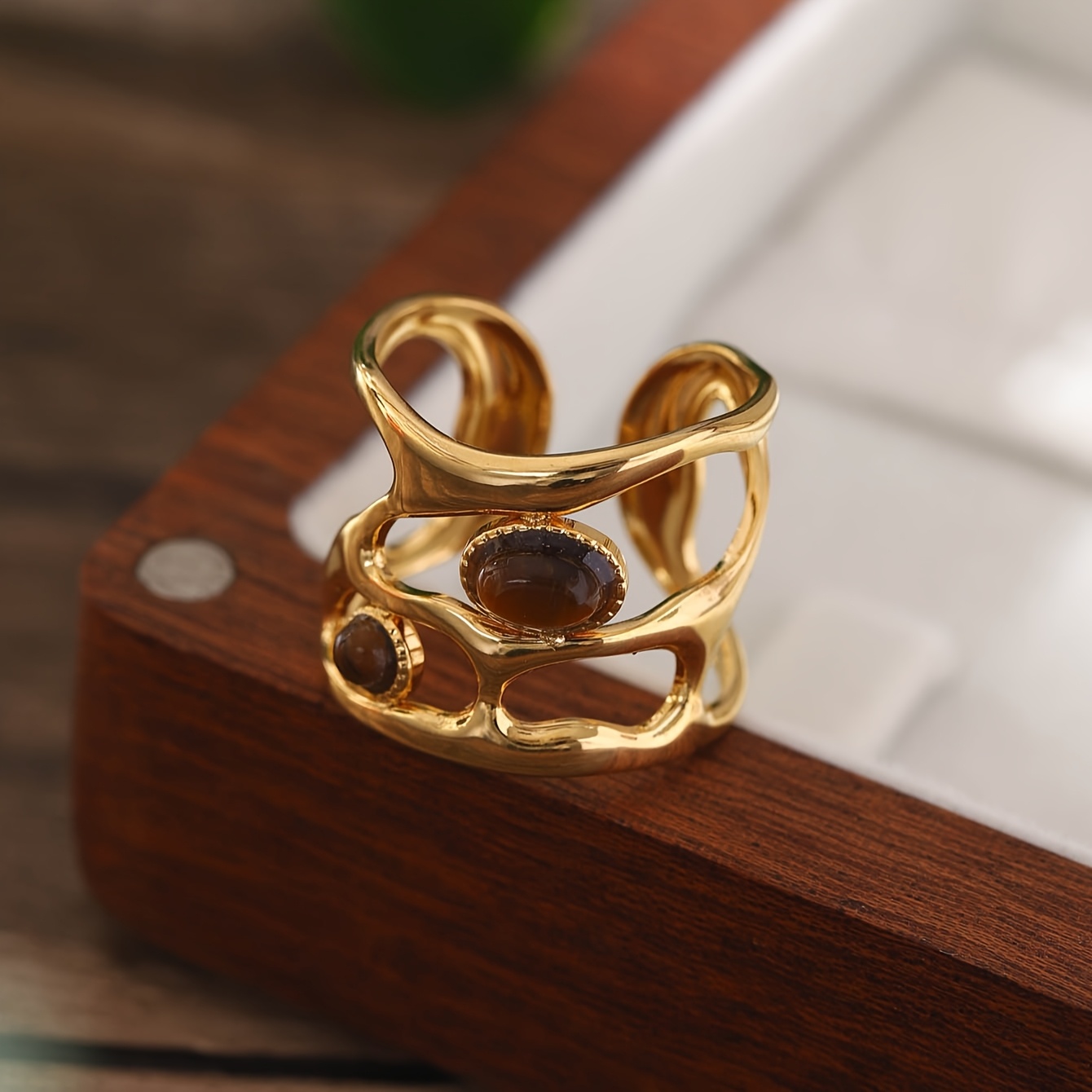 Vintage Stainless Steel Ring with Brown Stone Inlay