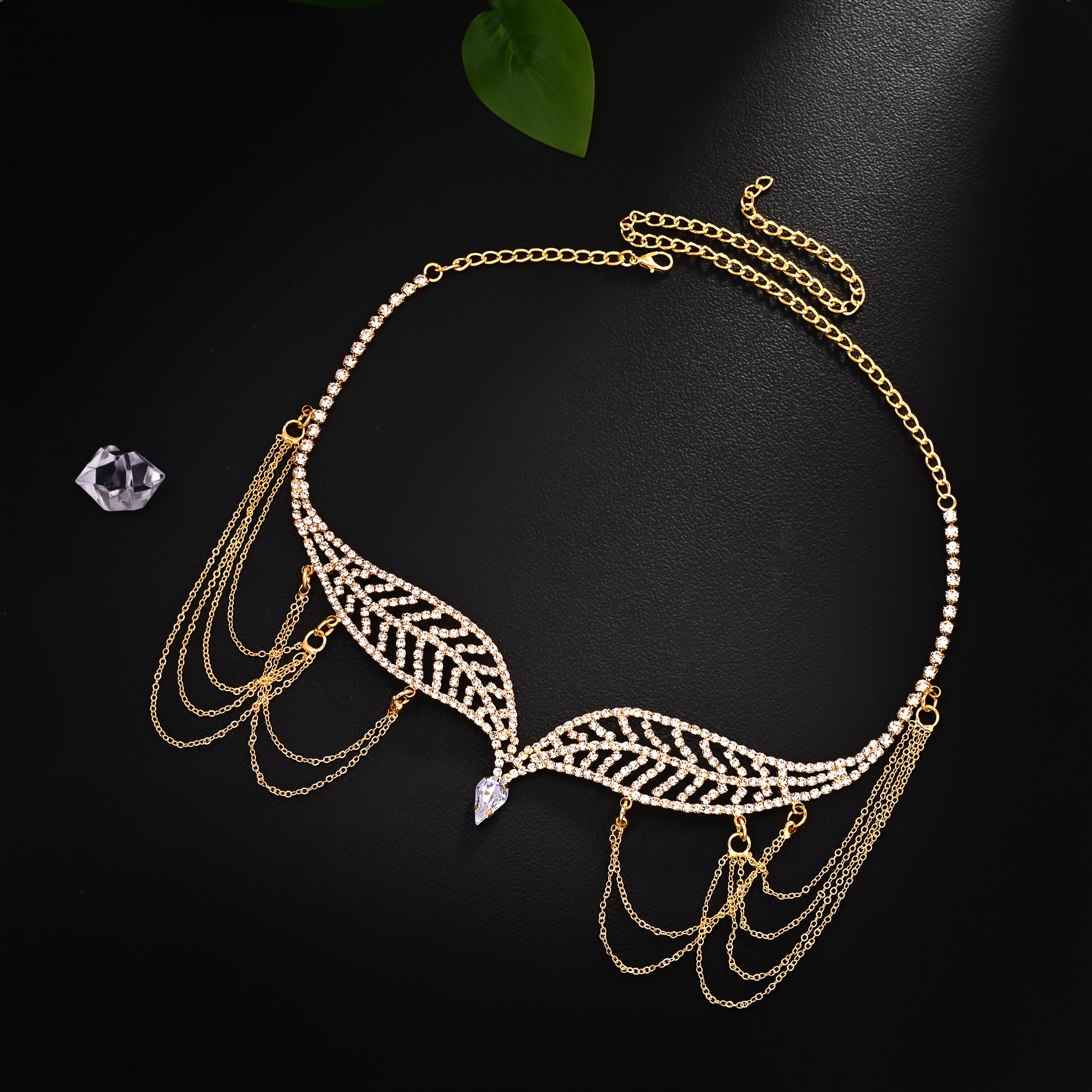 TEMU 1pc Leaf Rhinestone Headband Full Rhinestone Tassel Golden Headband Exotic Style Bridal Headpiece Hair Chain