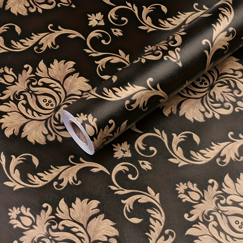 

Black And Golden Damask Wallpaper Roll: 17.7 In X 118.1 In, Textured Vinyl, Self-adhesive, Washable, Easy To Install, Perfect For Accent Walls