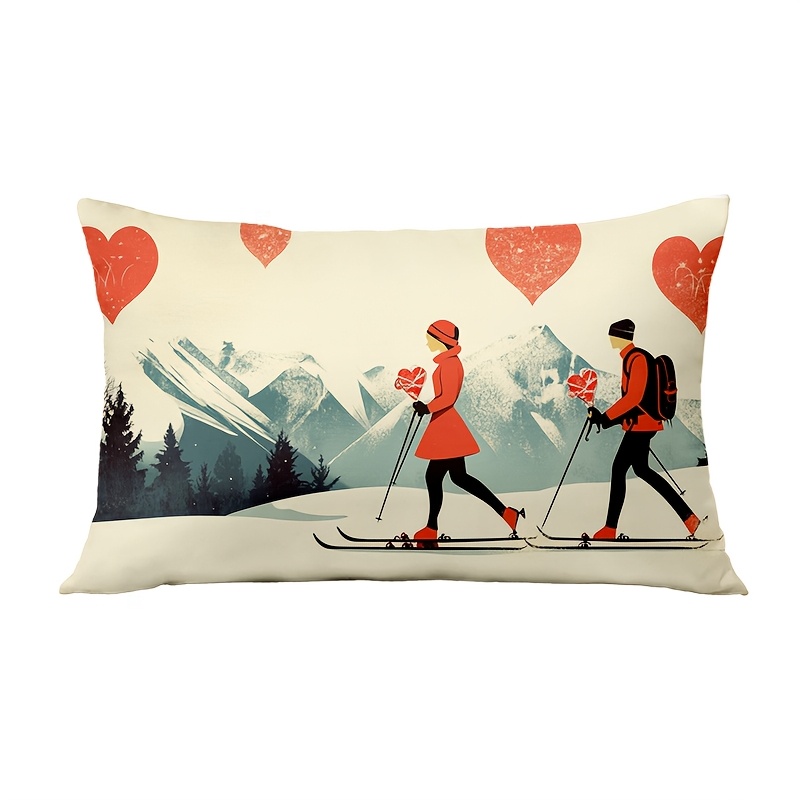 

Valentine's Day Retro Ski Illustration Lumbar Pillow Cover - Double-sided, Zippered 12x20 Inch Throw Cushion For Sofa & Living Room Decor, Hypoallergenic Polyester