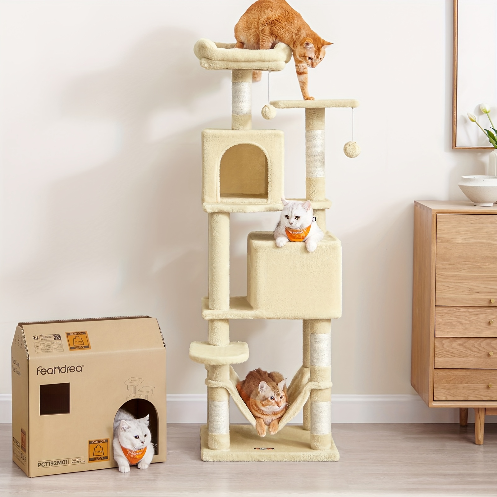 155cm cat tower for indoor cats plush multi level cat condo with 5 scratching posts 2 caves hammock 2 pompoms