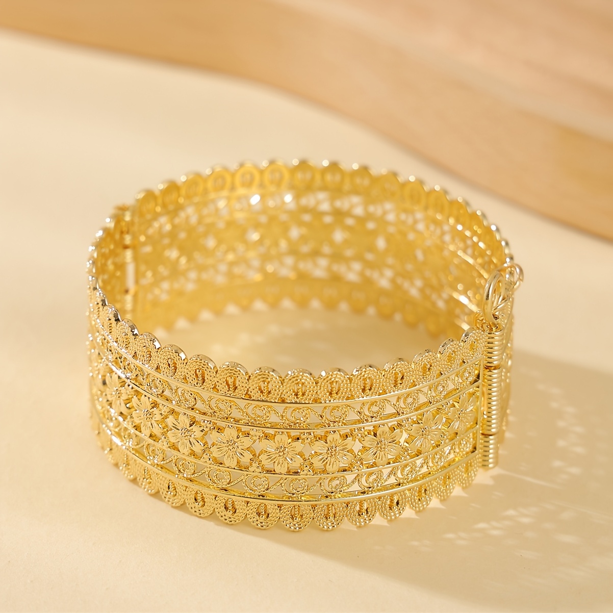 Image of 1pc Women's Fashion Open Bangle, Vintage Court Style Hollow-out Floral Carved Cuff Bracelet For Bridal Wedding Banquets, Holiday Wear, Middle Eastern Style