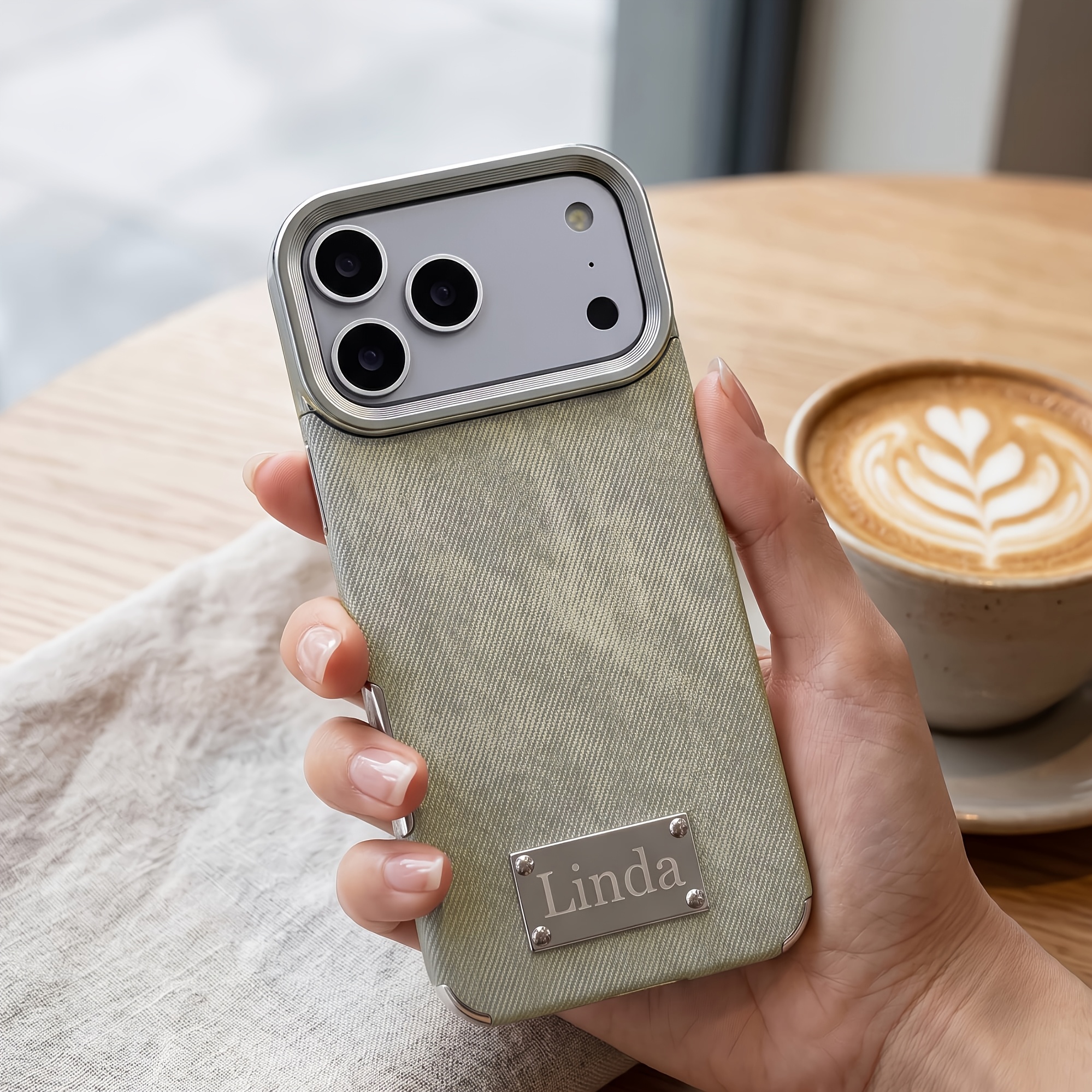 TEMU Phone Case: Personalized Custom Name Metal Plate Phone Case Compatible With Iphone 13 17 18 Pro Max Electroplated Denim Texture Cover Laser