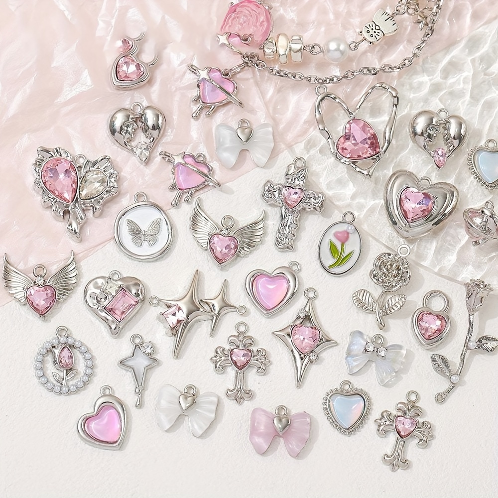 Random 5pcs Y2K Silveryy-Plated Love Bow Star Powder White Inlaid Alloy Pendant Mixed Sizes 10-32Mm