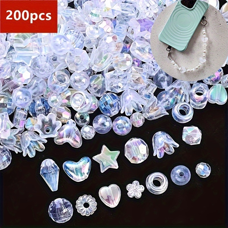 Image of 200 White Transparent Round Beads, Snowflake Pentagram Heart-shaped Wind Chime Beads, Mixed With Styles, Used For Production Of Exquisite Mobile Phone Chains And Decorations