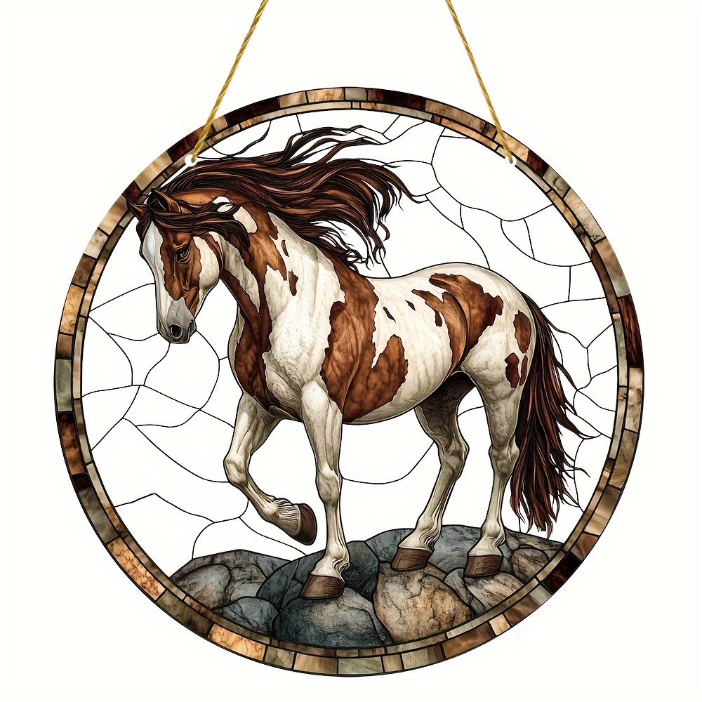 

1pc, Rustic Equestrian Acrylic Horse Sign (8"x8"), Vintage Stained Plastic Animal Figurine, Round Western-inspired Wall Art, Hanging Sun Decor, Unique Birthday Gift For , No Battery Needed