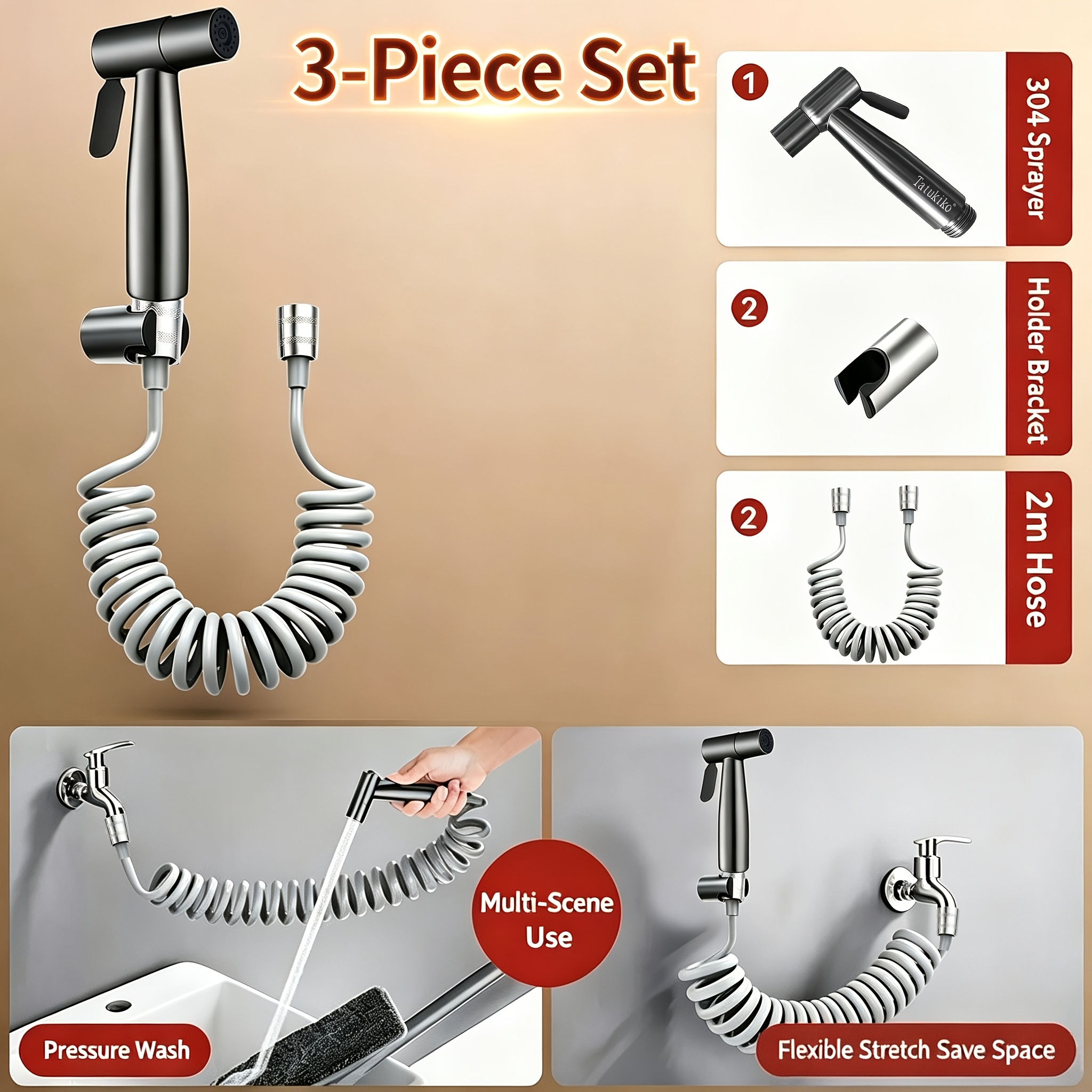 TEMU 3pcs Gun Gray 304 Stainless Steel Pressurized Bidet Spray Gun Set, Includes 2-meter Gray Retractable Hose + Fixed Bracket - Flexible Hose For
