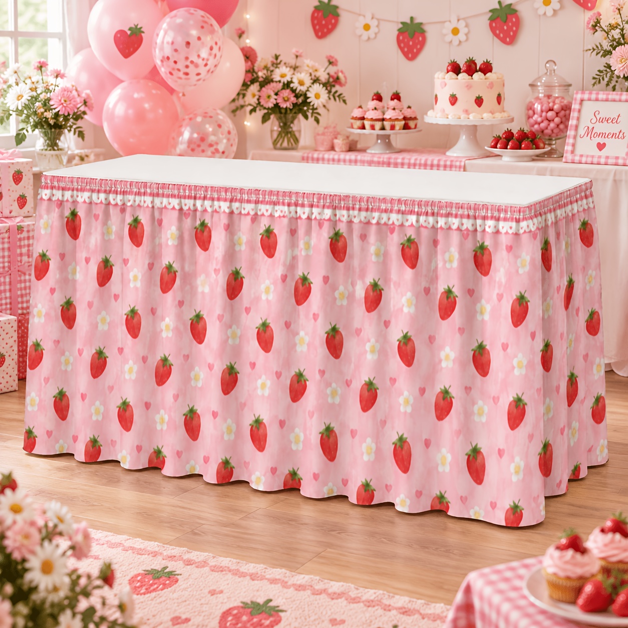 1pc party tablecloth table skirt pink strawberry heart floral print table skirting reusable durable decor for outdoor party wedding bridal shower and buffet table