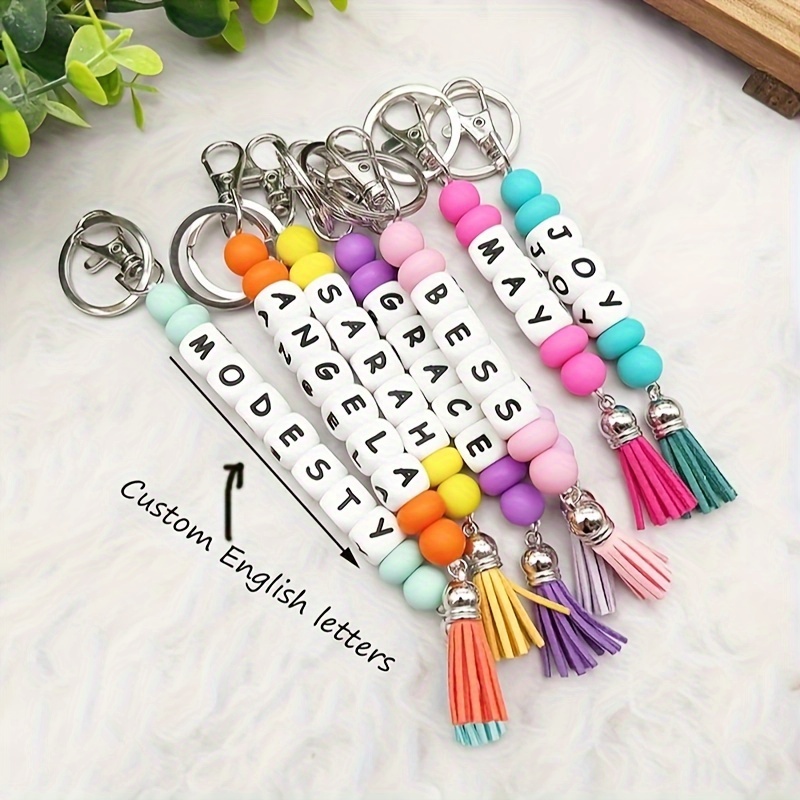 

1 Pc Custom Silicone Bead Tassel Keychain With Personalized English Lettering, Name Key Ring, Bag Charm Accessory, Unique Customized Gift