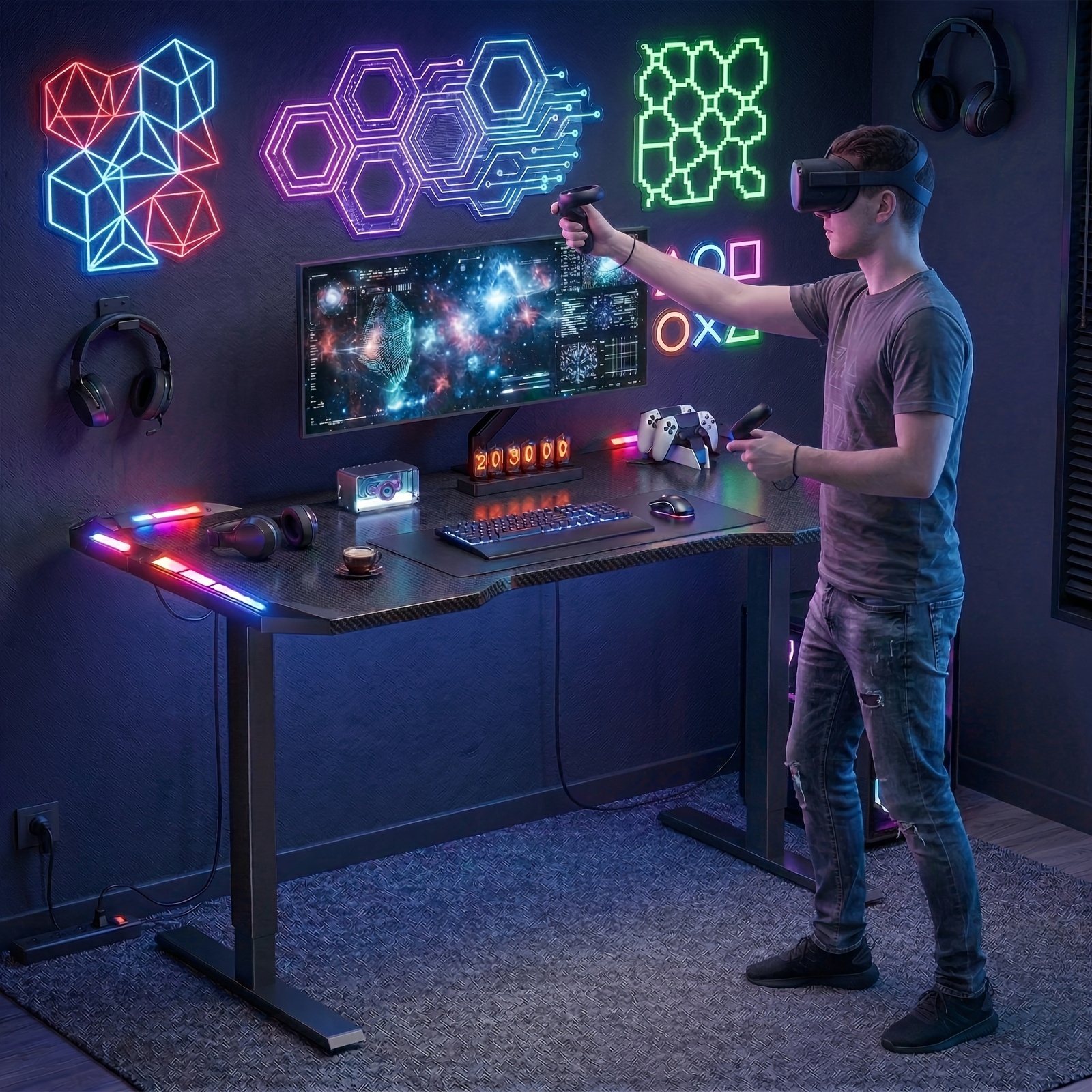 Image of 120/140/160cm Electric Gaming Desk With Led Lights, Carbon Fiber Desktop With 3 Memory Control Buttons, Ergonomic Computer Table With Headphone Hook For Home Office, Best Christmas Gift