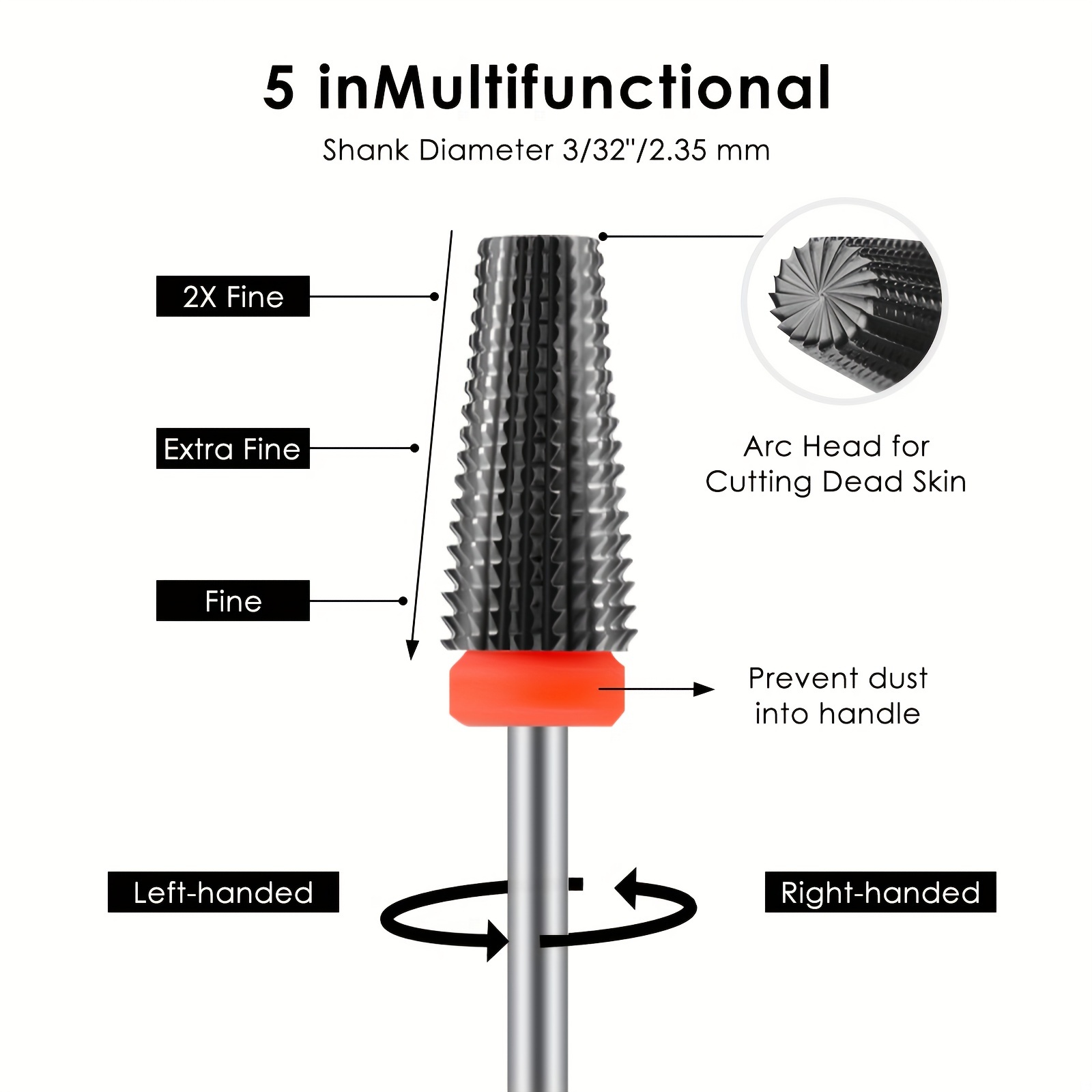 

Nail Carbide 5 In 1 Bit - 2 Way Rotate Use For Both Left And Right Handed - Fast Remove Acrylic Or Hard Gel - 3/32" Shank - Manicure, Nail Art, Drill Machine