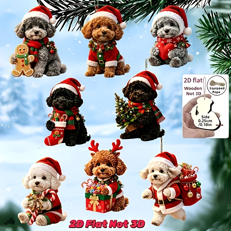 TEMU Piatto 2D, 8 pz Ornamenti Natalizi in Legno Barboncino Teddy, Decorazioni da Appendere all'Albero di Natale, Decorazioni da Appendere per la