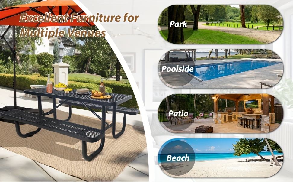 4/6FT Heavy-Duty Metal Picnic Tables For Outdoor, Rectangular Commercial 4-6-Person Picnic Tables With Bench, Expanded Picnic Table And Bench Set, Outside Furniture Set For Yard, Outside, Garden, Backyard, Porch, Patio, Lawn, Black, Weather Resistant