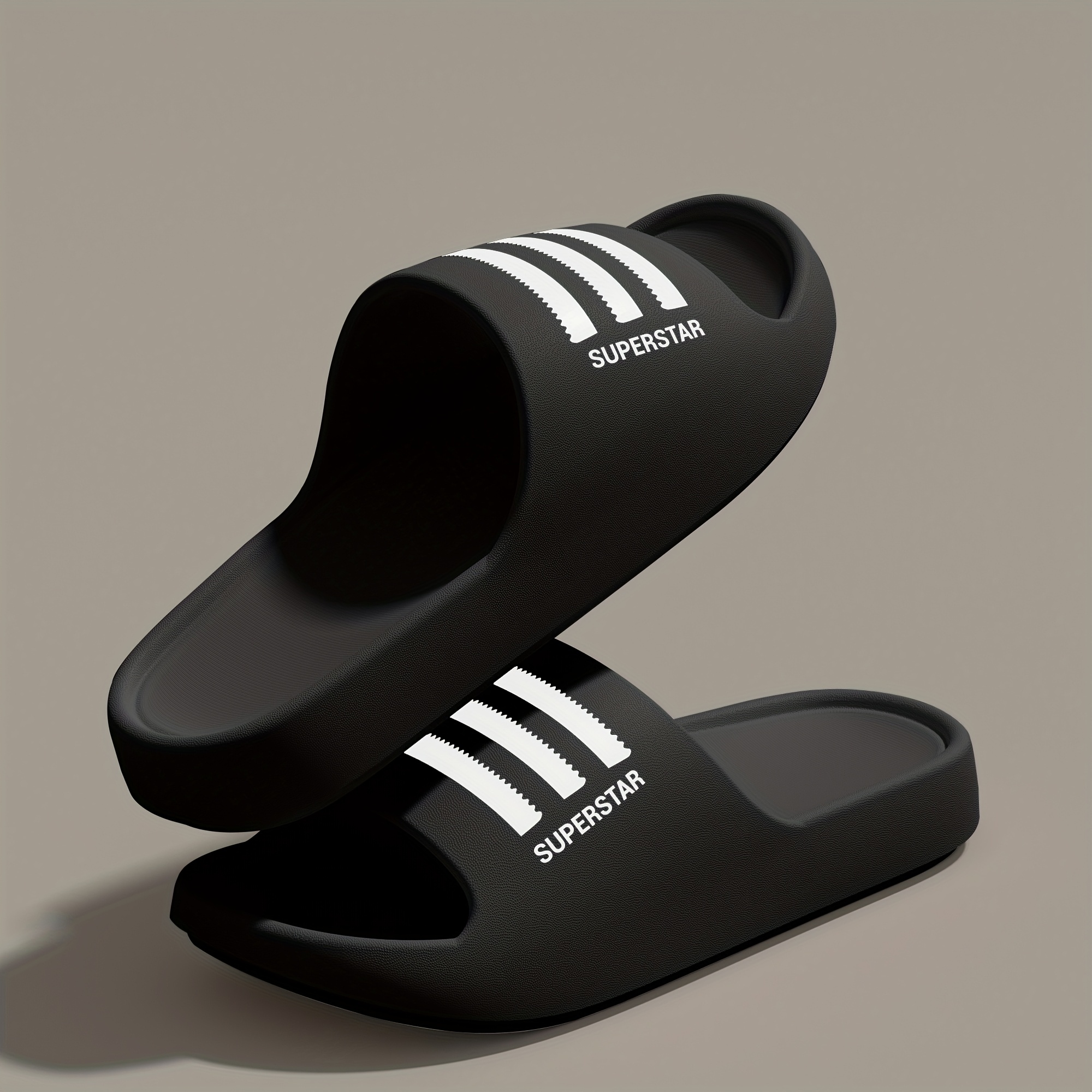 Unisex Superstar EVA Slides - Comfortable, Non-Slip Thick Sole Slippers for Indoor & Outdoor Use, Black & White Striped Design, Lightweight and Machine Washable, House Slippers