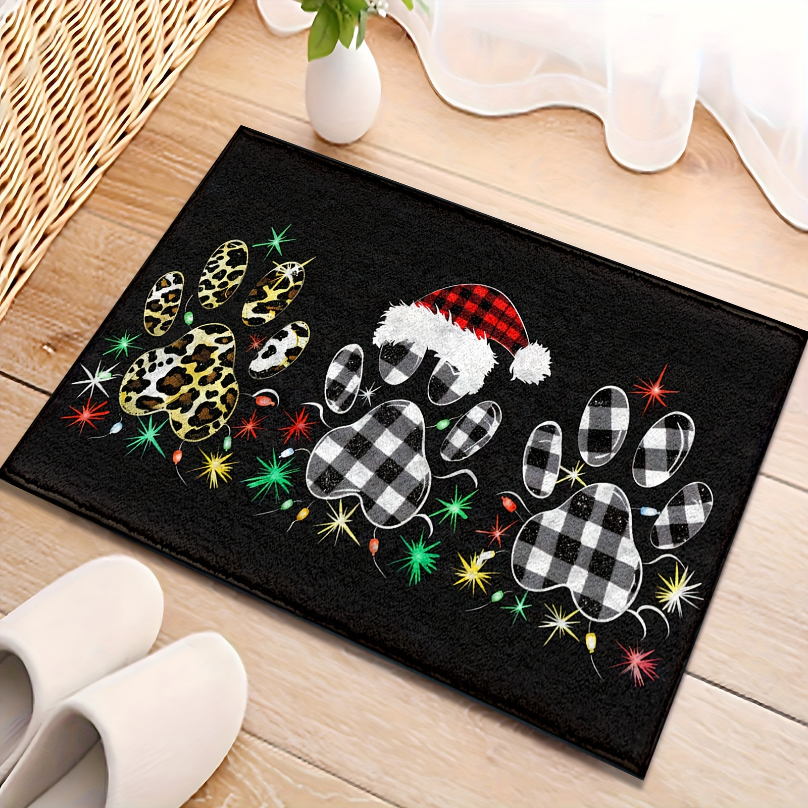 

Christmas Mat: 3 Dog Paw & Hat , , , , For , Bathroom, - , Fluffy Decor Decoration