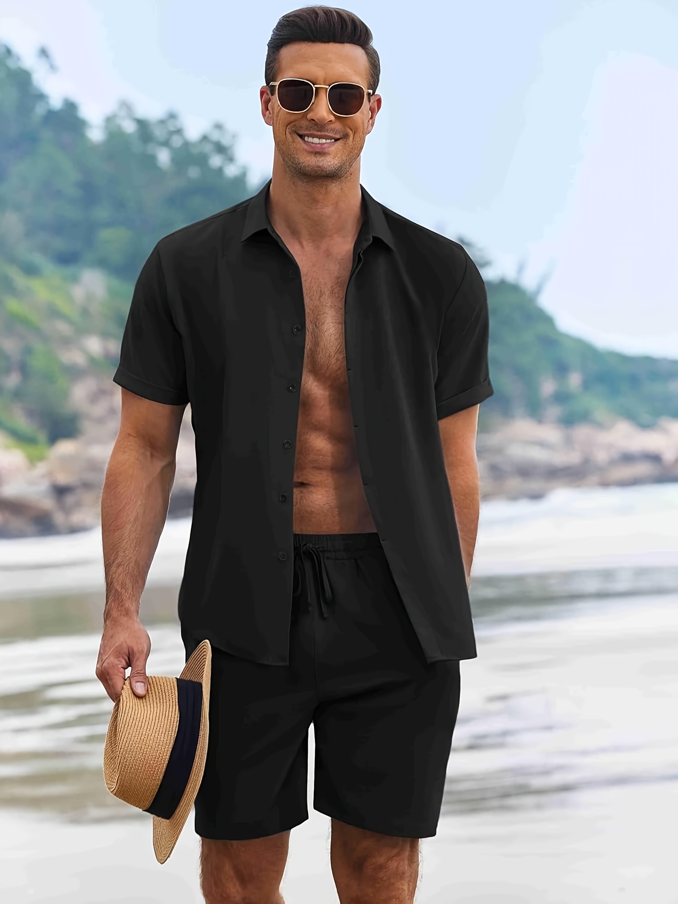 Navy Shorts Outfit Men Mens Navy Blue 2pcs Summer Beach Outfit Set