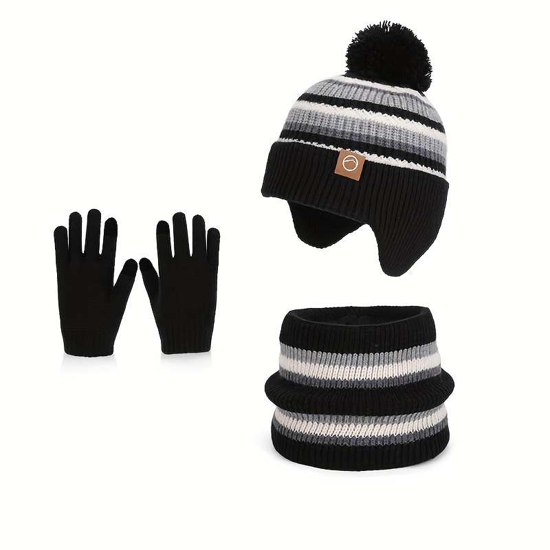 TEMU Ensemble d'hiver chaud pour enfants 3 pièces : bonnet tricoté, protège-nuque, gants, protection contre et pour les oreilles, bonnet pull chaud,