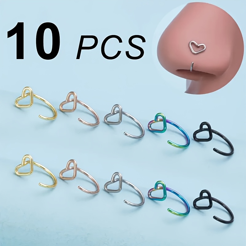 E-shop 10 316L Edelstahl Herz Nasenring - Süße und elegante Ohrringe, geeignet für Ohrläppchen, Daith und Nasenpiercings - 20 Gauge Körperschmuck, für
