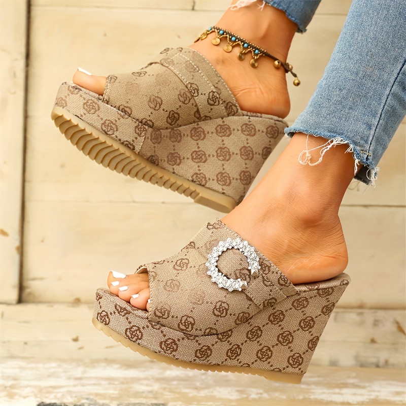 

Women's Rose Pattern Sandals, Platform Slip On Soft Sole Walking Shoes, Comfort Wedge Rhinestone Buckle Shoes