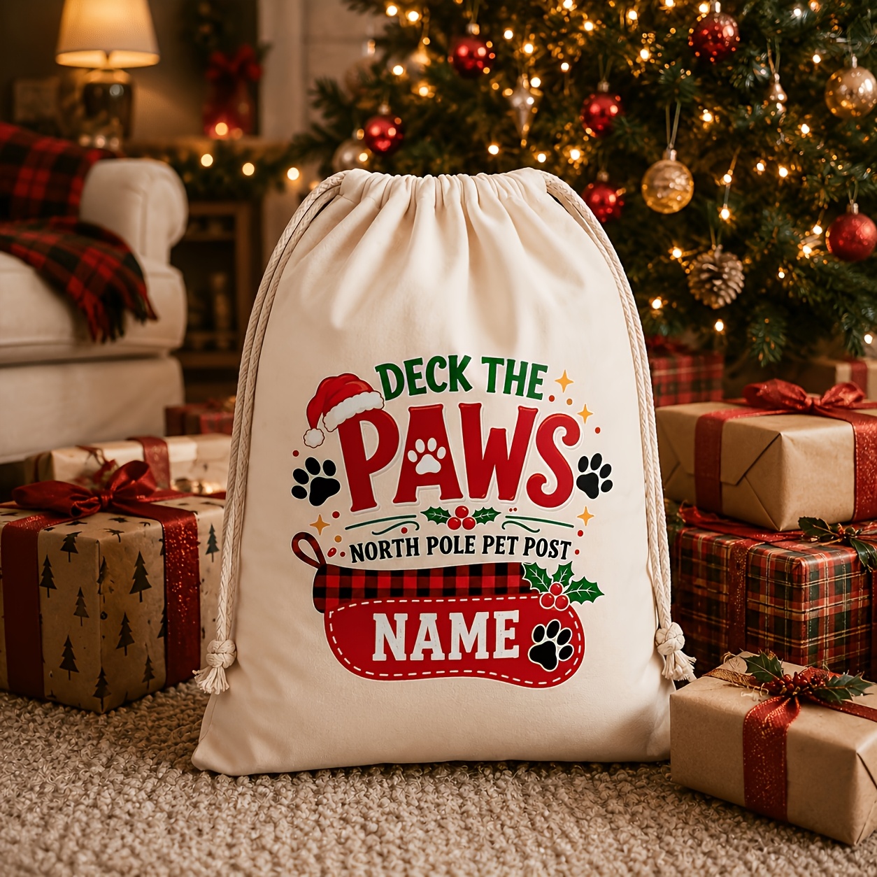 TEMU 1pc Customizable Name Pet Christmas Drawstring Gift Bag, Printed With Fun Pet Christmas Text Pattern, Drawstring Closure, Suitable For Storing