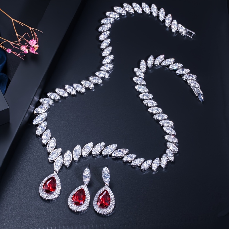 elegant 3pcs jewelry set for women luxurious   pendant necklace dangle earrings with sparkling synthetic zirconia   weddings parties details 10