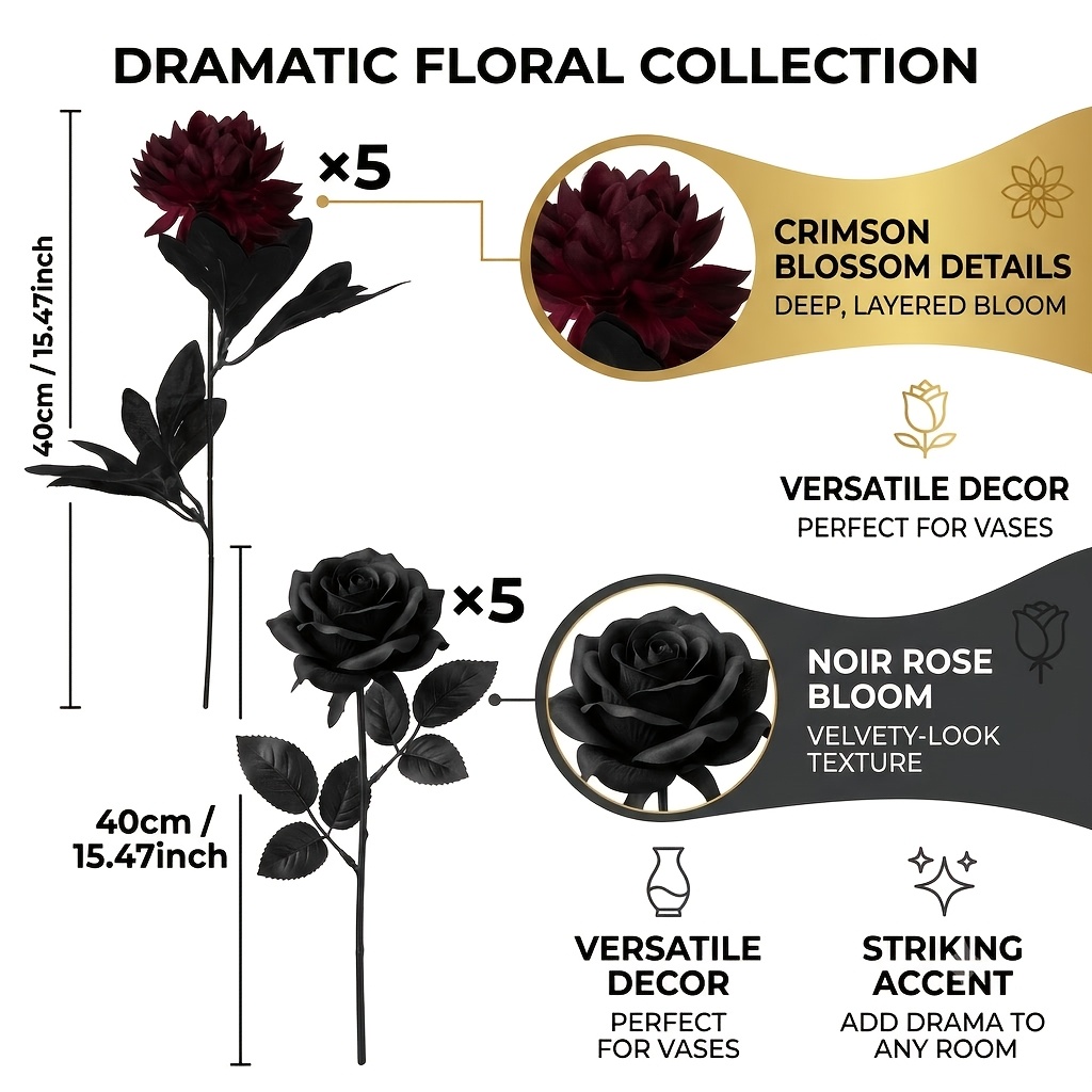 TEMU Gothic Black Rose Bouquet - Realistic Artificial Flower Centerpiece Suitable For Halloween, Wedding, Table Decor, Plastic Dahlia Arrangement For