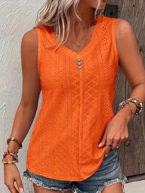 Plus Size Eyelet Solid Button Decor Tank Top, Casual V Neck Sleeveless Top For Summer, Women's Plus Size Clothing
