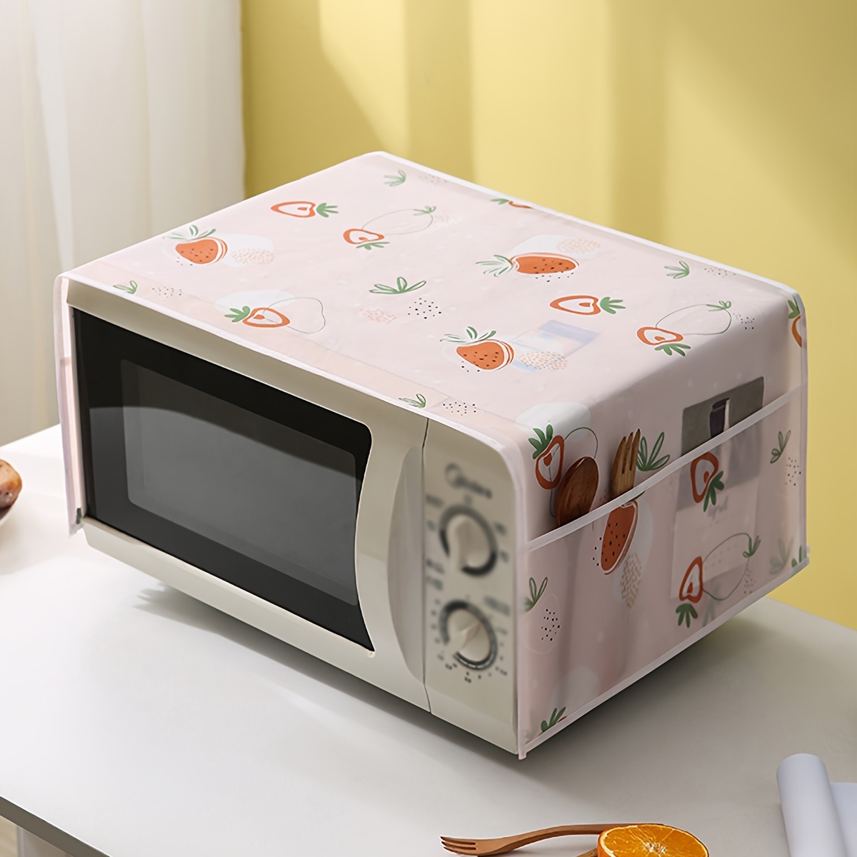 1pc Strawberry & Heart Pattern PVC Microwave Dust Cover - Waterproof & Oil-Proof, Pink and White with Pocket Detail, Home Appliance Protector, Microwave Cover