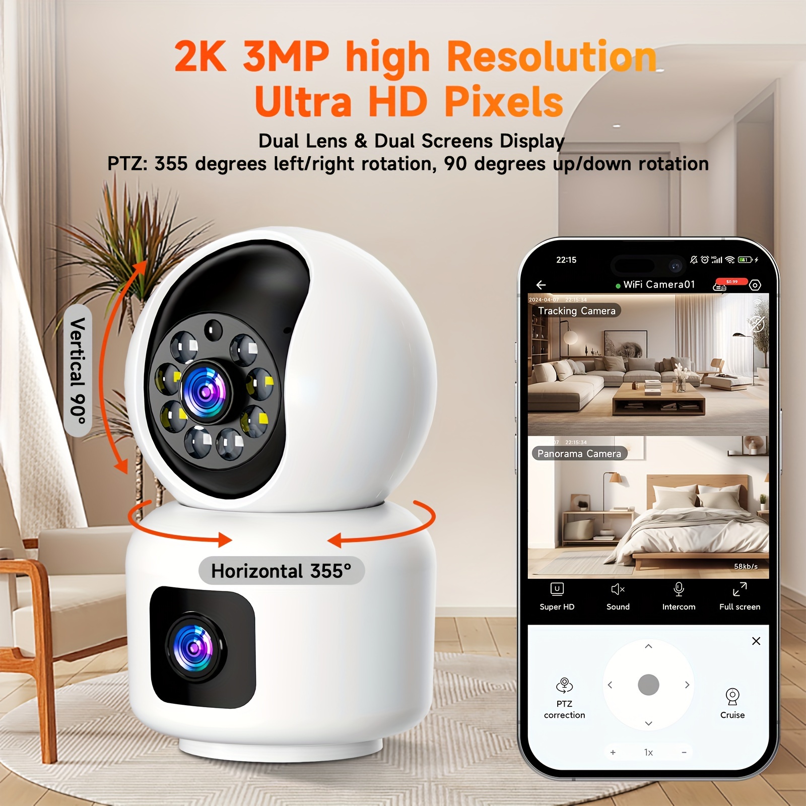 

Dual-lens-dual-screen Cctv Indoor 3mp 2k Camera Mobile Phone Controls The Built-in Microphone To Rotate 360 Degrees.