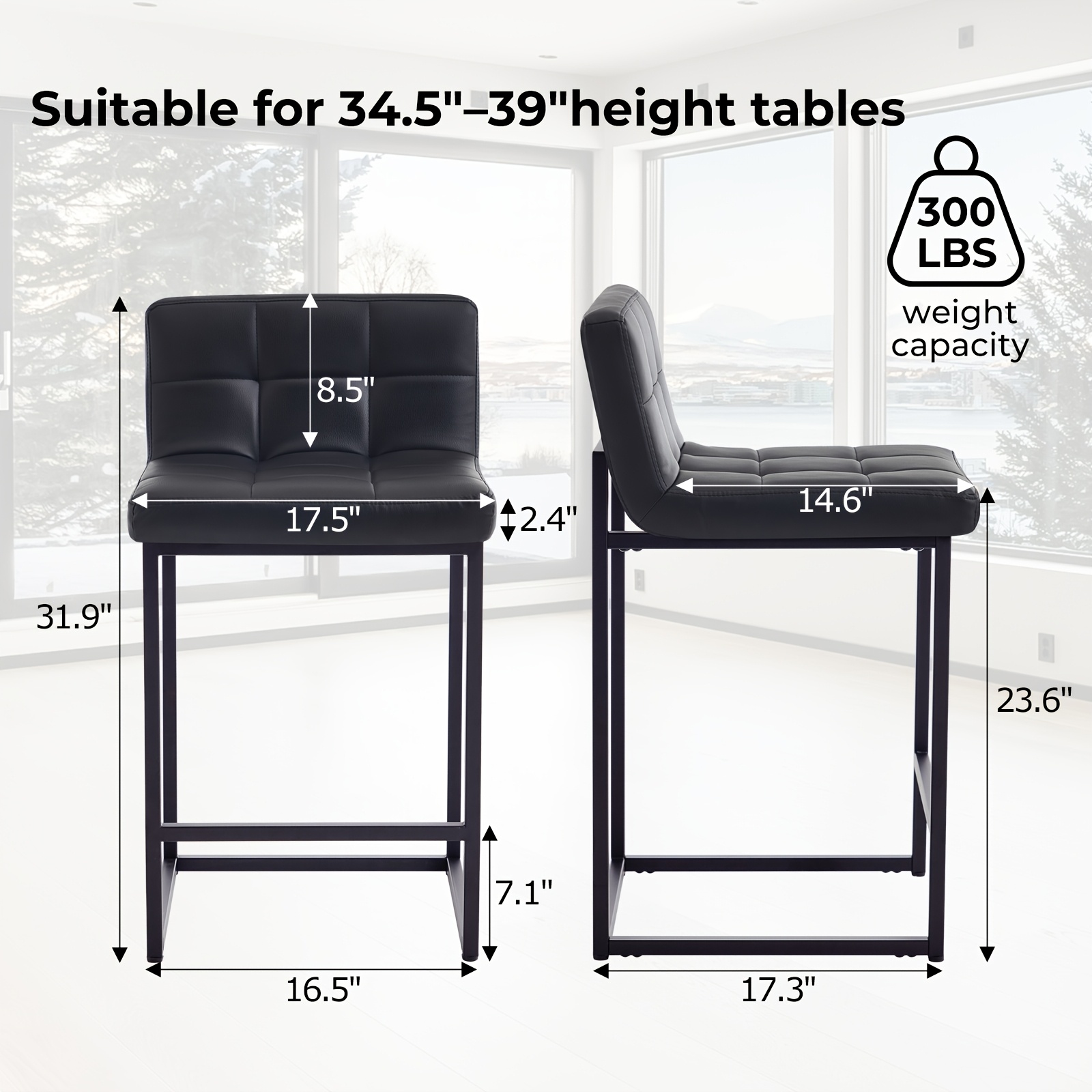 DMKAI Set Of 2 Modern Counter Height Bar Stools - Black Faux Leather Upholstered, Diamond-Tufted Seat, Sturdy Black Metal Cantilever Base with Footrest | Minimalist Bar Stools for Kitchen Island