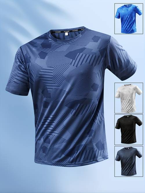 mens breathable fiber t shirt summer geometric patterned short sleeve tee polyester 95 elastane 5 crew neck knit fabric medium stretch casual sports top 140g m lightweight regular fit for outdoor leisure gift