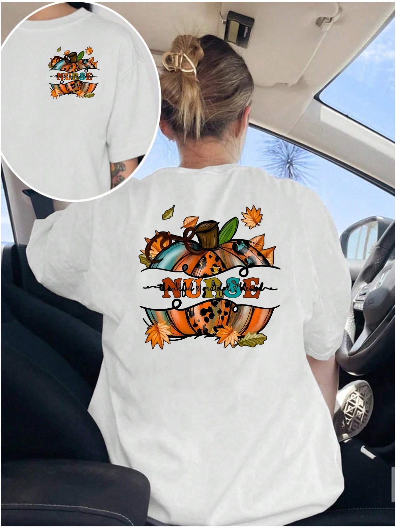 womens   thanksgiving nursing scrubs top with   pumpkins turkey symbols back print comfortable round neck short sleeve blouse for nurses day thanksgiving halloween machine washable casual work attire geometric print   wear relaxed fit for everyday special occasions   healthcare professionals white 0