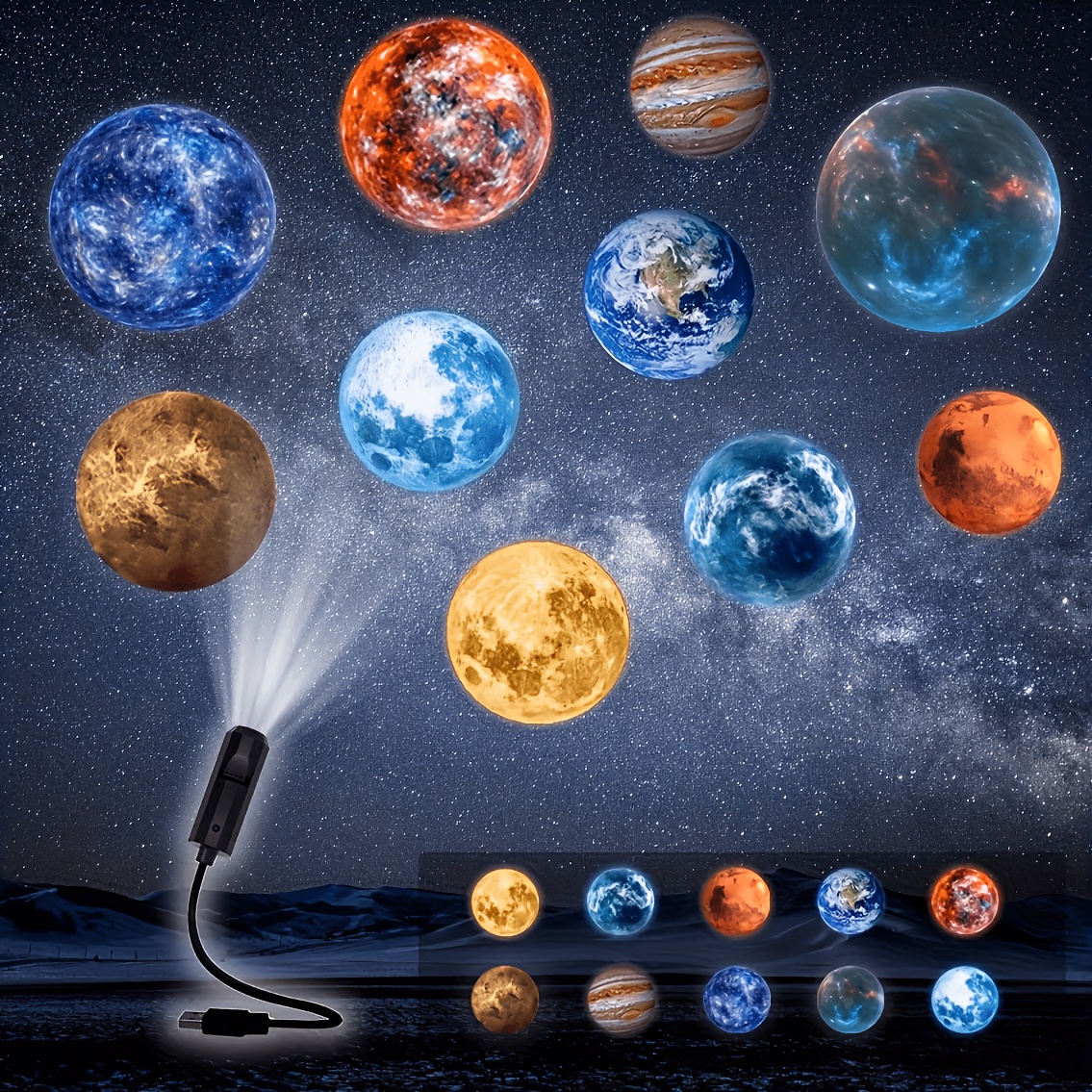 Moon Projection Lamp with 10 Replaceable Slides, Meteor Shower Effect, USB-Powered Plug-and-Play Ceiling Mood Light, 360 Rotatable Flexible Gooseneck, Night Light
