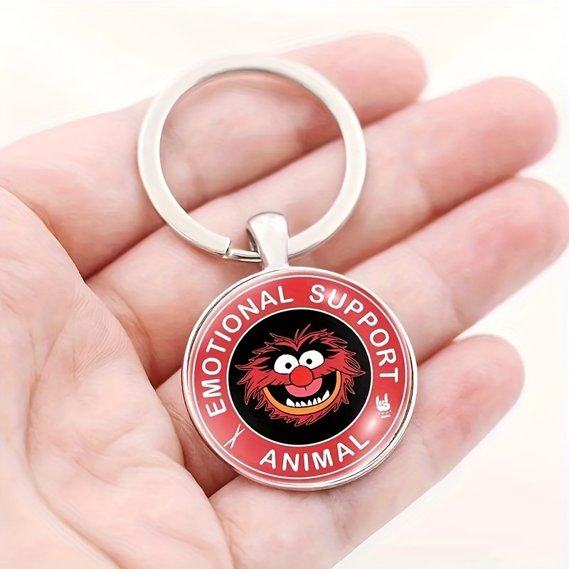 

Men's Emotional Support Animal Keychain - Cute Red Zinc Alloy With Muppet-inspired Cabochon Glass, Stylish Accessory For Bags & Wallets