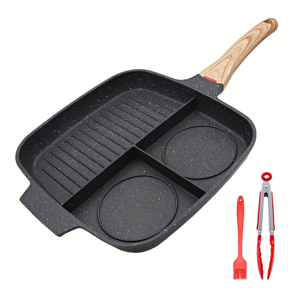 

Nonstick Grill Pan For Stove Tops, 10.5 Inch Sectional , Divided Pan For , Square Grill With Silicone Brush & Clip, Compatible With All Stovetops (black)