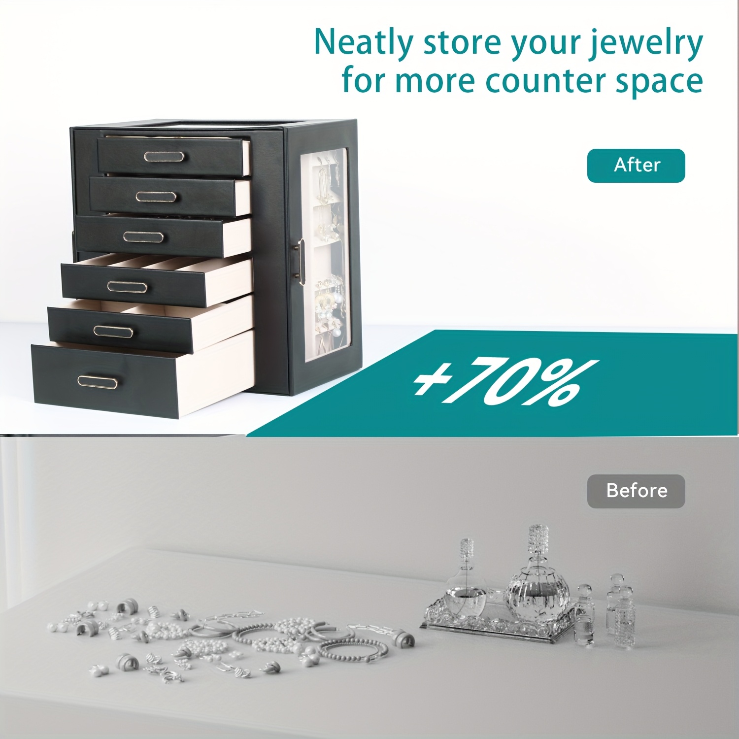 womens jewelry box 6 tier large capacity jewelry storage box top transparent viewing display case with 5 drawers and 2 side glass doors for showcasing jewelry and organizing synthetic   leather jewelry storage box   Product details 3