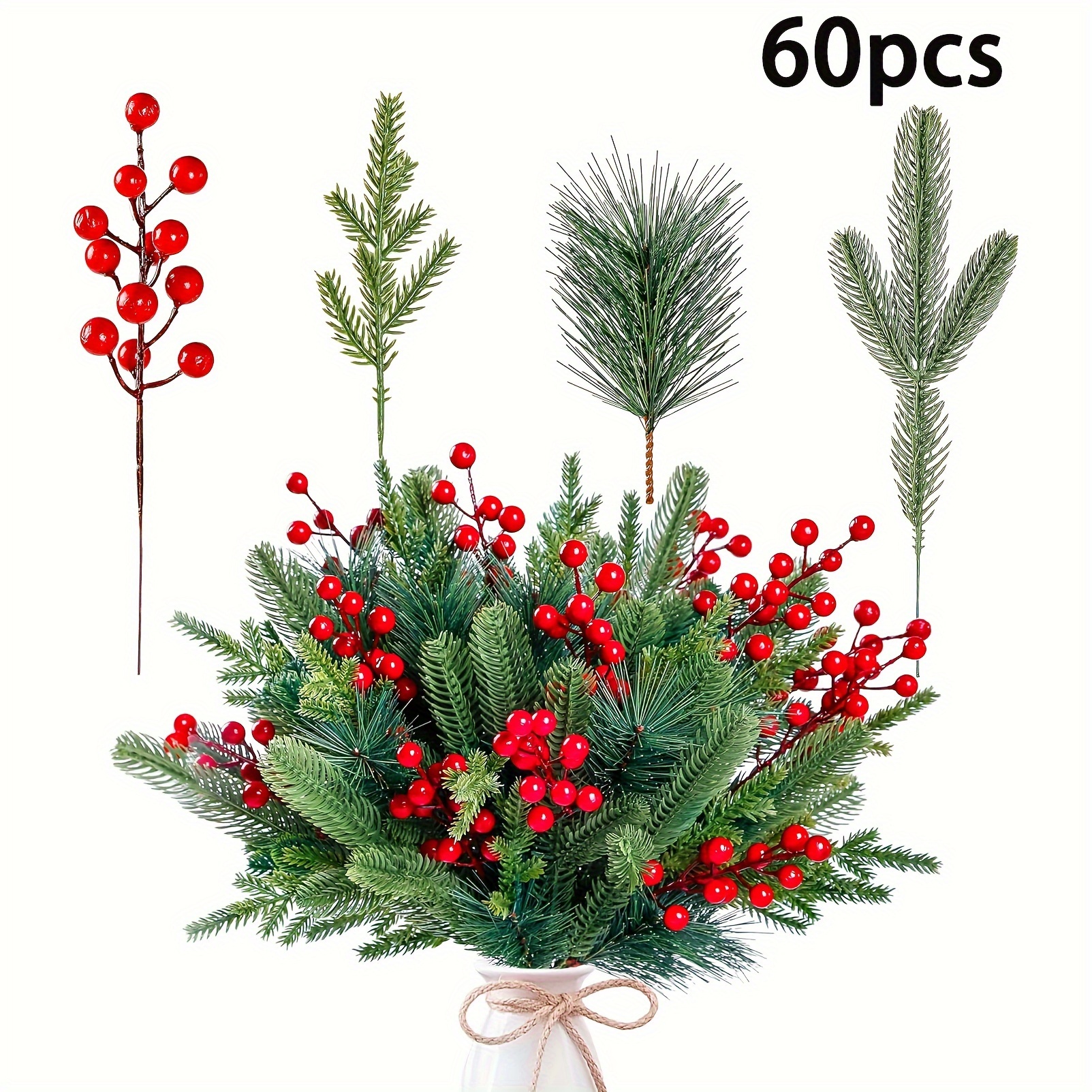 TEMU 60pcs Artificial Artificial Artificial Christmas Needles Diy Christmas Wreath Christmas Decoration Flower Decoration