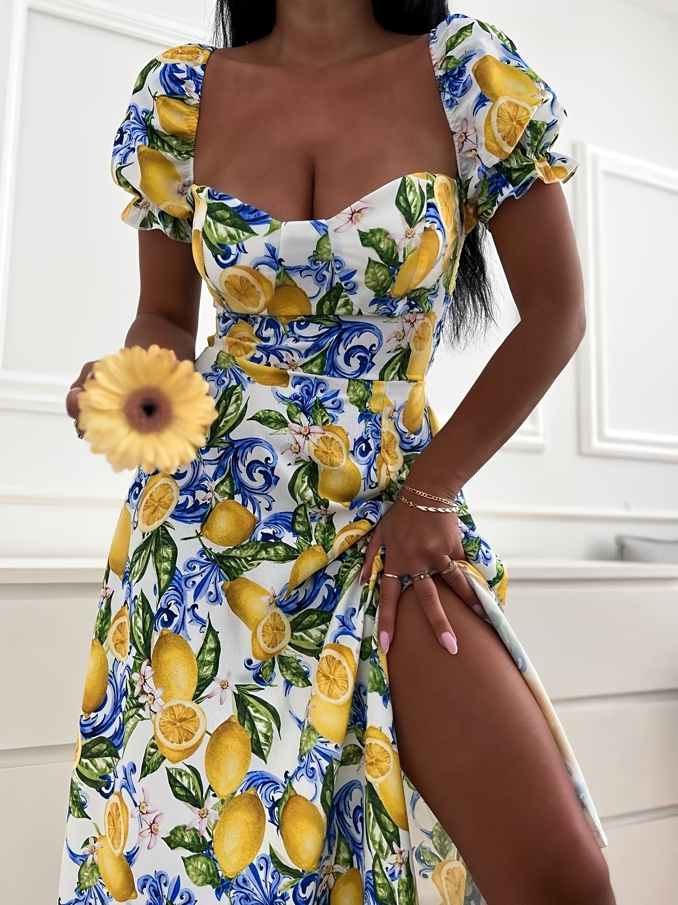blue drawstring dress Women Mustard Yellow & Blue Floral Printed Halter Neck Sleeveless Tie-Up  Backless Fit & Flare Mini Dress main image 1