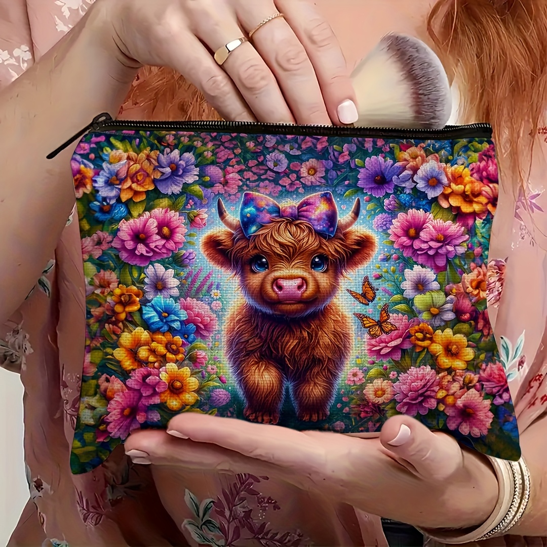 TEMU 1pc Highland Cow Floral Makeup Bag, Vibrant Western Style Cosmetics And Toiletry Pouch, Portable Travel Bag For Women And Men, Camping, Fitness,